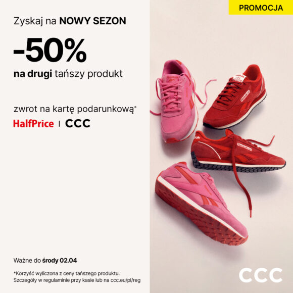 – 50% zwrotu na Kartę Podarunkową za drugi, tańszy produkt w CCC!