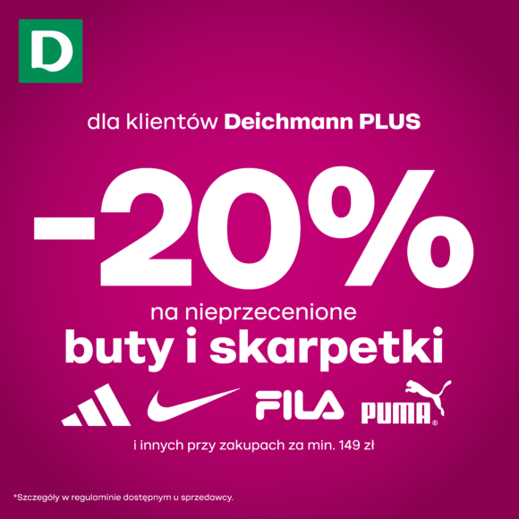 Teraz w DEICHMANN nieprzecenione buty i skarpetki marek adidas, Nike, Fila, Puma i innych przy zakupie za min. 149zł dla klientów Deichmann PLUS z rabatem 20%!
